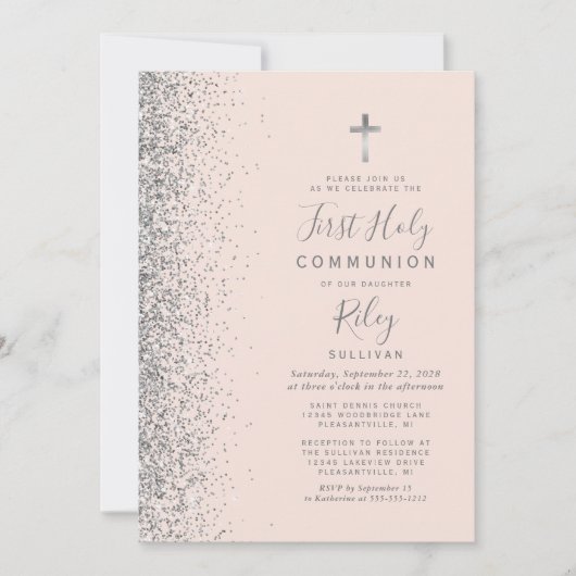 Invitation Parties scintillant d'argent Blush rose première s (Devant)