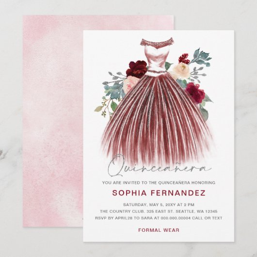 Invitation Parties scintillant d'argent Bourgogne Robe Floral (Devant / Derrière)