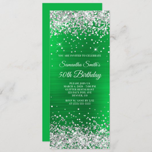 Invitation Parties scintillant d'argent brillant vert huile 5 (Devant / Derrière)