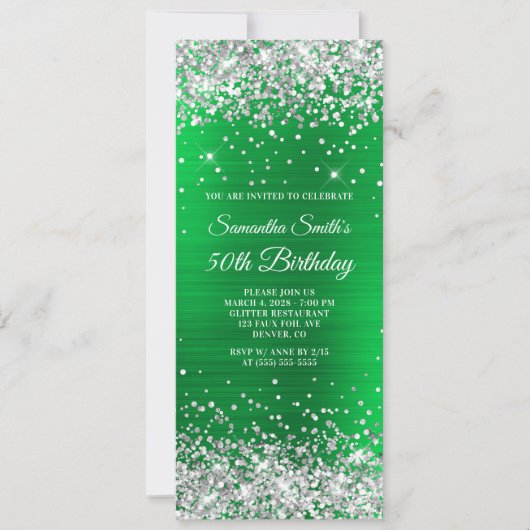 Invitation Parties scintillant d'argent brillant vert huile 5 (Devant)