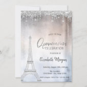 Invitation Parties scintillant d'argent chute tour Eiffel Qui (Devant)
