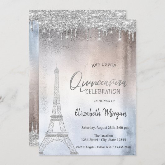 Invitation Parties scintillant d'argent chute tour Eiffel Qui (Devant / Derrière)