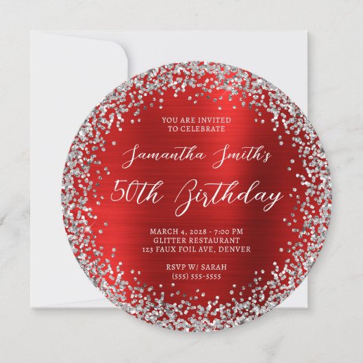 Invitation Parties scintillant d'argent circulaire Rouge Foil (Devant)