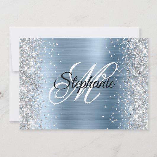 Invitation Parties scintillant d'argent clair Monogramme bleu (Dos)
