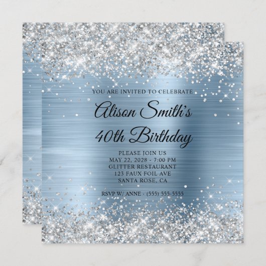 Invitation Parties scintillant d'argent clair Monogramme bleu (Devant / Derrière)