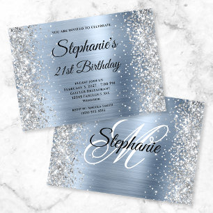 Invitation Parties scintillant d'argent clair Monogramme bleu