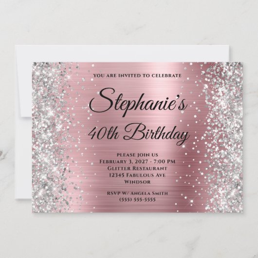 Invitation Parties scintillant d'argent clair rose Monogramme (Devant)