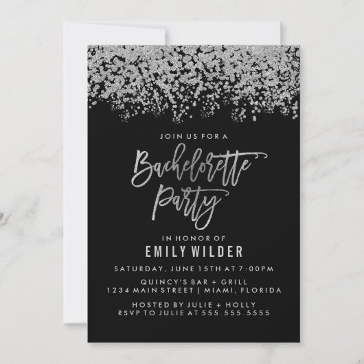 Invitation Parties scintillant d'argent Confetti Bachelorette (Devant)