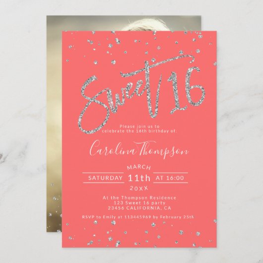 Invitation Parties scintillant d'argent confetti corail Sweet (Devant / Derrière)