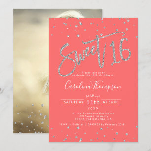 Invitation Parties scintillant d'argent confetti corail Sweet