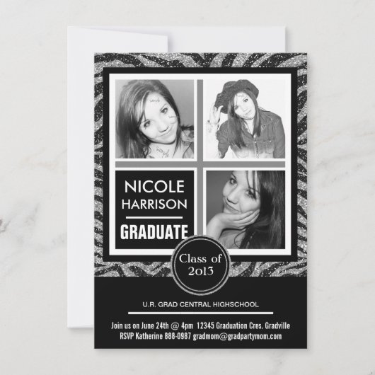Invitation Parties scintillant d'argent de Mod Faux Zebra 3 - (Devant)