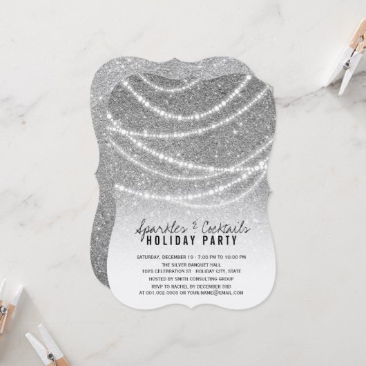 Invitation Parties scintillant D'Argent De Vacances Étincelle (Devant/Arrière en situation)