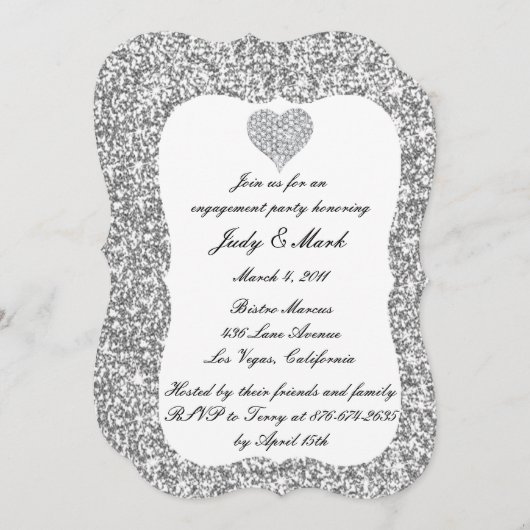 Invitation Parties scintillant d'argent Diamond Heart Engagem (Devant / Derrière)