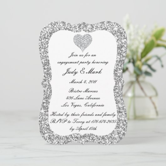 Invitation Parties scintillant d'argent Diamond Heart Engagem (Debout devant)