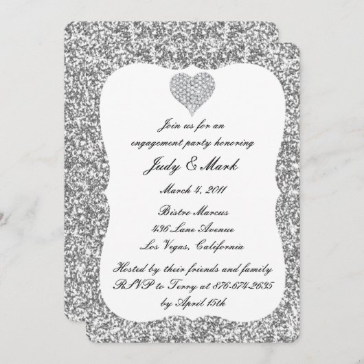 Invitation Parties scintillant d'argent Diamond Heart Engagem (Devant / Derrière)