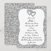 Invitation Parties scintillant d'argent Diamond Hearts Bachel (Devant / Derrière)