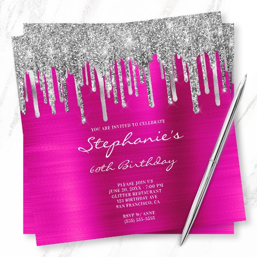 Invitation Parties scintillant d'argent Drips Hot rose Foil 6