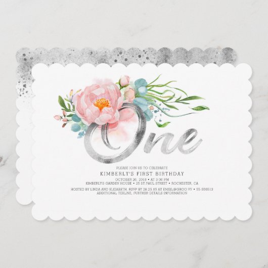 Invitation Parties scintillant d'argent et Fleurs roses rouss (Devant / Derrière)