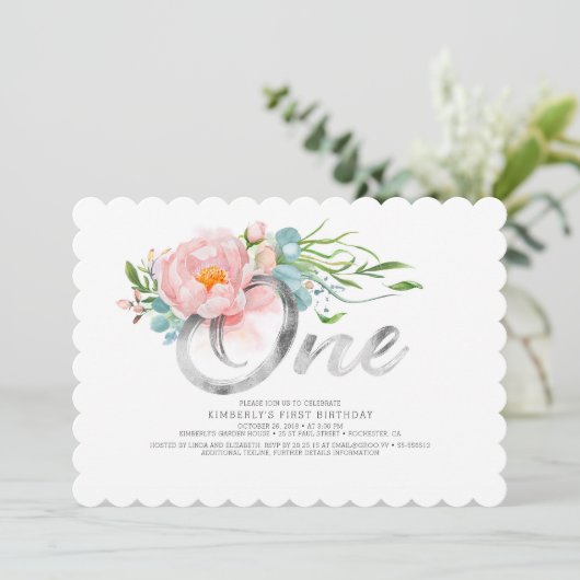 Invitation Parties scintillant d'argent et Fleurs roses rouss (Debout devant)