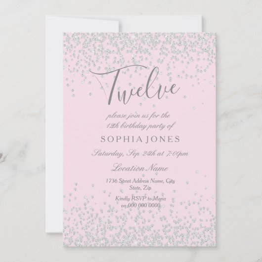 Invitation Parties scintillant d'argent Filles roses 12ème an (Devant)