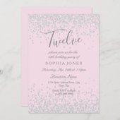 Invitation Parties scintillant d'argent Filles roses 12ème an (Devant / Derrière)