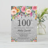 Invitation Parties scintillant d'argent Floral 100e anniversa (Debout devant)