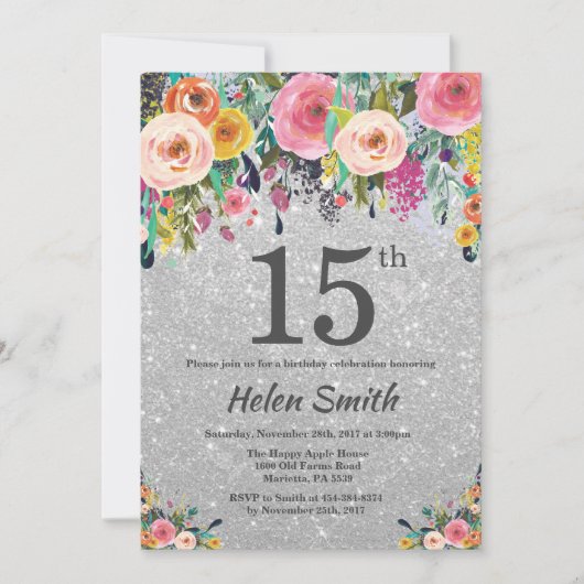 Invitation Parties scintillant d'argent Floral 15e anniversai (Devant)