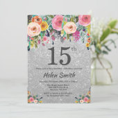 Invitation Parties scintillant d'argent Floral 15e anniversai (Debout devant)
