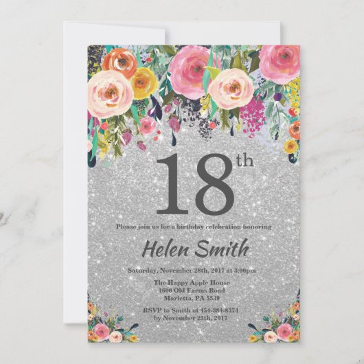Invitation Parties scintillant d'argent Floral 18e anniversai (Devant)