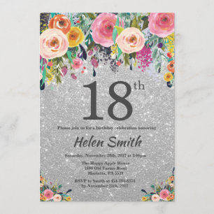 Invitation Parties scintillant d'argent Floral 18e anniversai