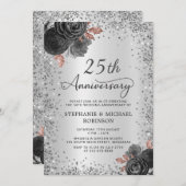 Invitation Parties scintillant d'argent Floral 25e anniversai (Devant / Derrière)