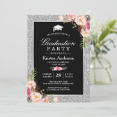 Invitation Parties scintillant d'argent Floral Photo Graduati (Debout devant)
