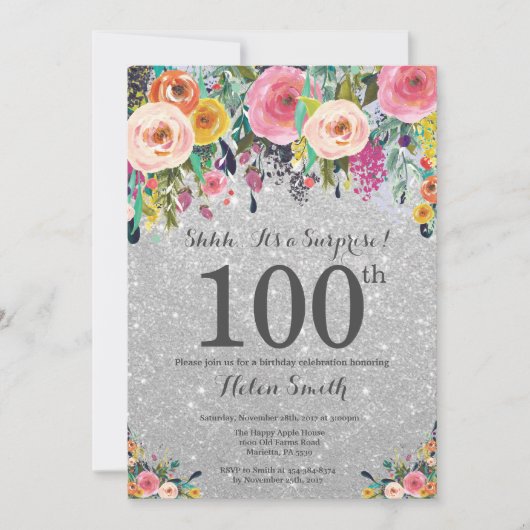 Invitation Parties scintillant d'argent Floral Surprise 100e  (Devant)