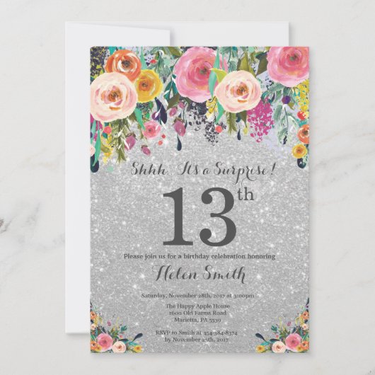 Invitation Parties scintillant d'argent Floral Surprise 13e a (Devant)