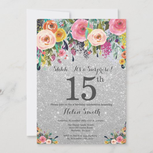 Invitation Parties scintillant d'argent Floral Surprise 15e a (Devant)