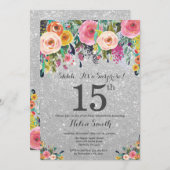 Invitation Parties scintillant d'argent Floral Surprise 15e a (Devant / Derrière)