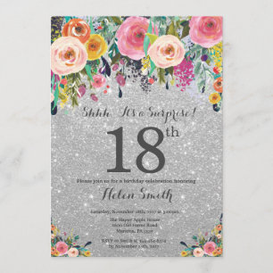 Invitation Parties scintillant d'argent Floral Surprise 18e a