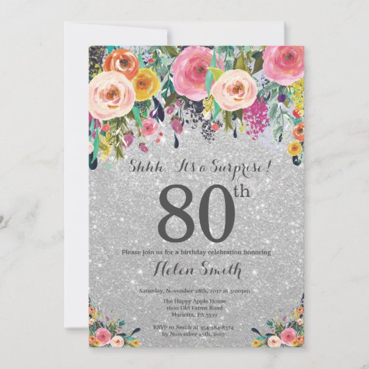 Invitation Parties scintillant d'argent Floral Surprise 80e a (Devant)