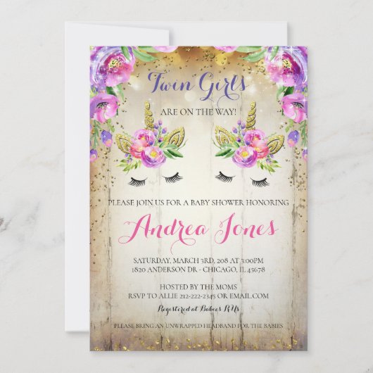 Invitation Parties scintillant d'argent Floral Unicorn Baby s (Devant)