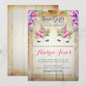 Invitation Parties scintillant d'argent Floral Unicorn Baby s (Devant / Derrière)