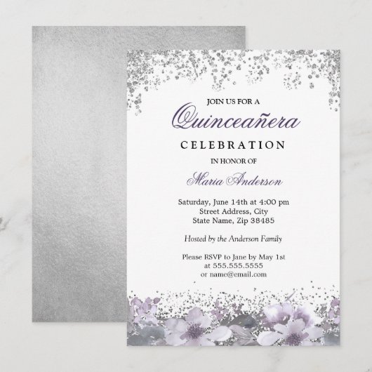 Invitation Parties scintillant d'argent Floral violet Quincea (Devant / Derrière)