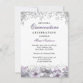 Invitation Parties scintillant d'argent Floral violet Quincea (Devant)