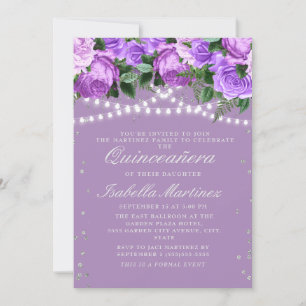 Invitation Parties scintillant d'argent florale pourpre Quinc