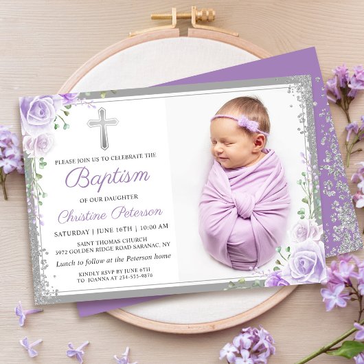 Invitation Parties scintillant d'argent florale violet fille 
