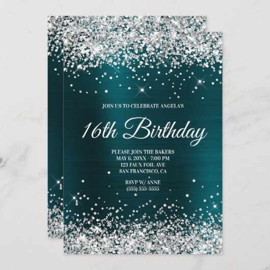Invitation Parties scintillant d'argent foncé Turquoise Ombre (Devant / Derrière)