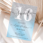 Invitation Parties scintillant d'argent glacé bleu chic girly<br><div class="desc">Parties scintillant d'argent ombre scintille sur le bleu glace avec un script calligraphie typographie douce invitation fête de 16 ans.Parfait pour une soirée de sweet sixteen moderne élégant. Ajoutez votre photo à l'arrière.</div>