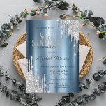 Invitation Parties scintillant d'argent gouttes de métal bleu<br><div class="desc">Un Sweet 16 moderne,  chic et glamour avec parties scintillant laisse flotter sur un arrière - plan métallique bleu.</div>