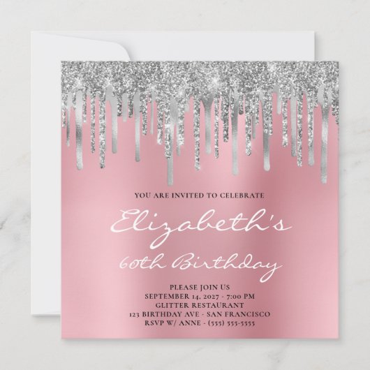 Invitation Parties scintillant d'argent gouttes d'huile rose (Devant)