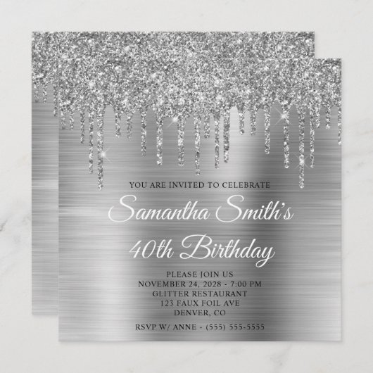 Invitation Parties scintillant d'argent gouttes et huile 40e (Devant / Derrière)
