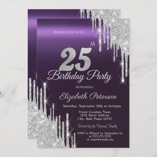 Invitation Parties scintillant d'argent gouttes foncé violet (Devant / Derrière)